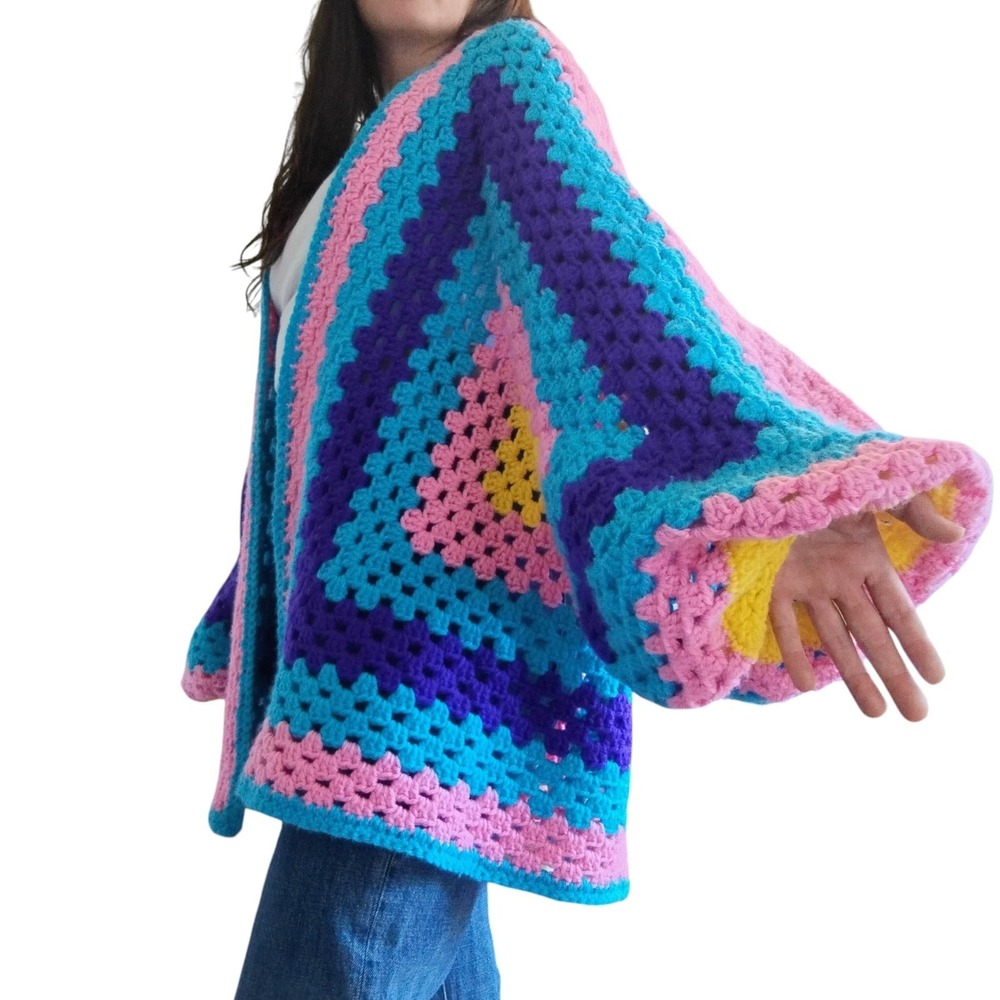 Handmade Crochet Granny Square One Size Cozy Cardigan Chunky Knit Sweater Boho